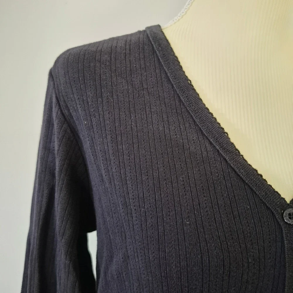 Vtg L.L. BEAN Ribbed Button Down V-Neck 100% Cotton Pointelle Top 90s Minimalism